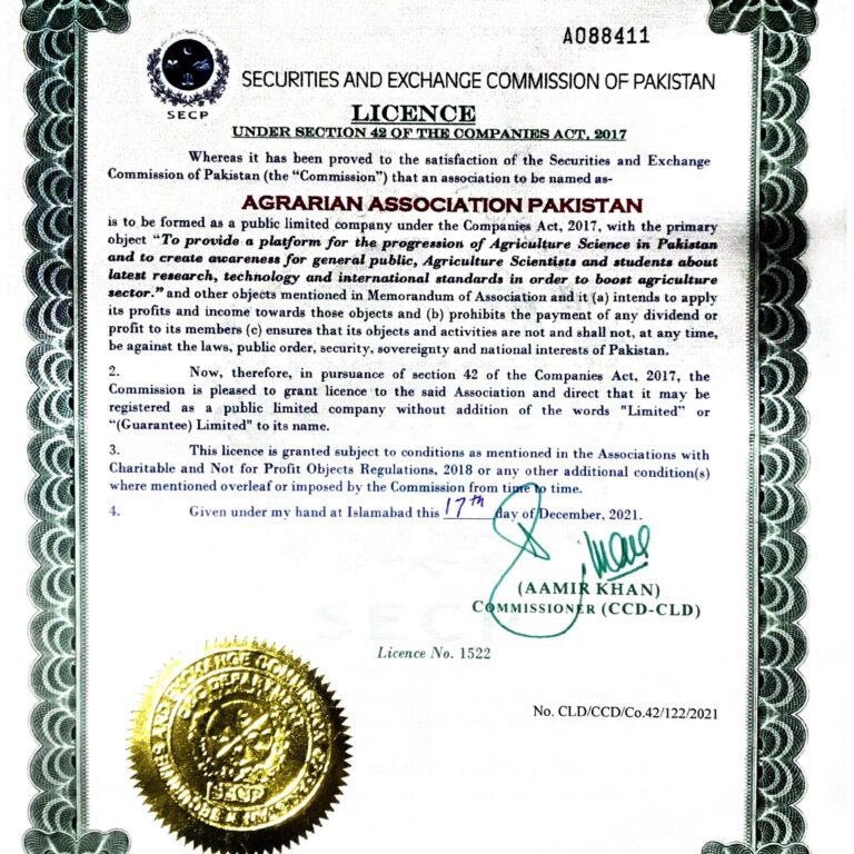 NPO Licence of Agrarian Association Pakistan